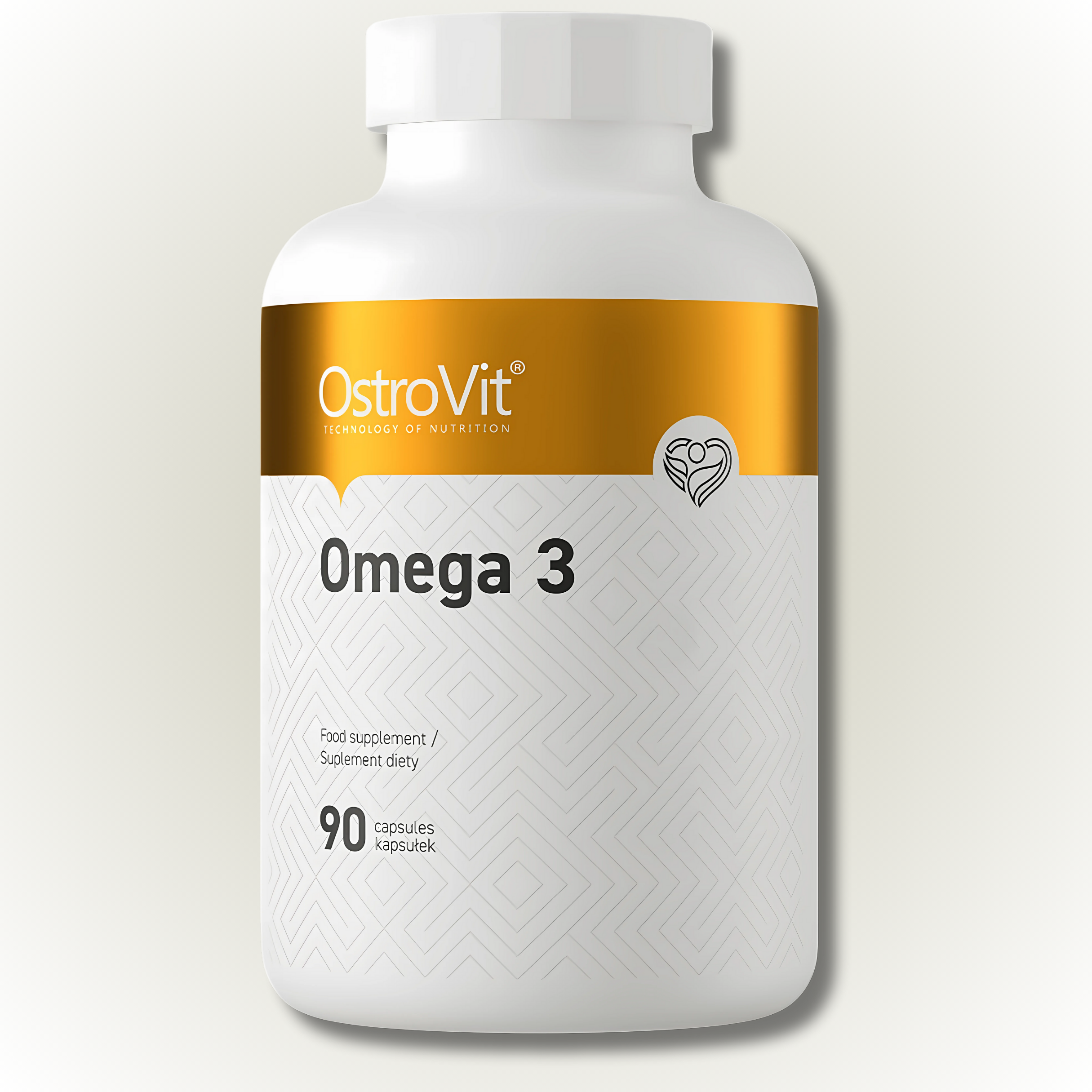 OstroVit Omega 3 capsules bottle, 90 count, dietary supplement for health and wellness, gluten-free and non-GMO.