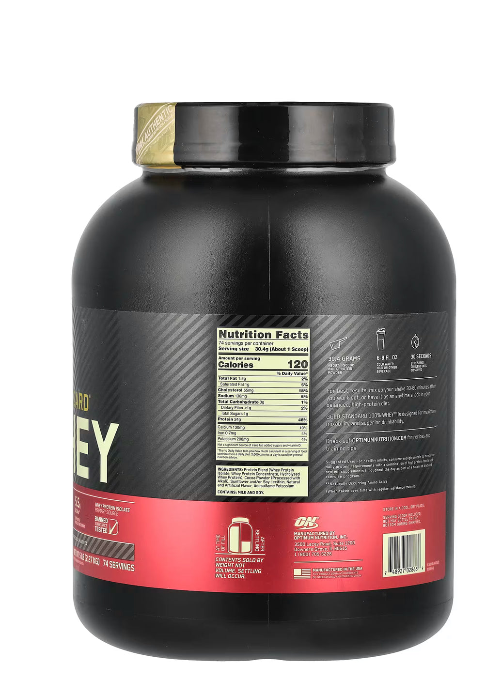 Optimum Nutrition Gold Standard wheyprotein, dobbel rik sjokolade, 5 lbs med næringsfakta, kosttilskudd, vitaminer.