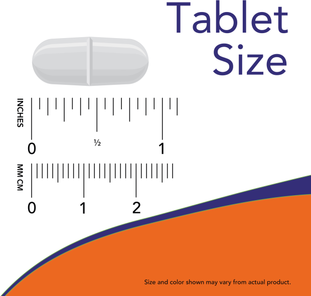 Visual showing tablet size with ruler for L-Tryptophan supplement, highlighting dimensions in inches and millimeters.