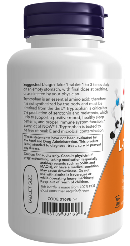 L-Tryptophan supplement bottle with suggested use and benefits for relaxation and mood support.