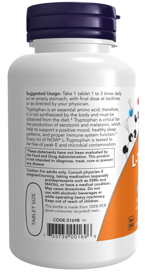 L-Tryptophan supplement bottle with suggested use and benefits for relaxation and mood support.