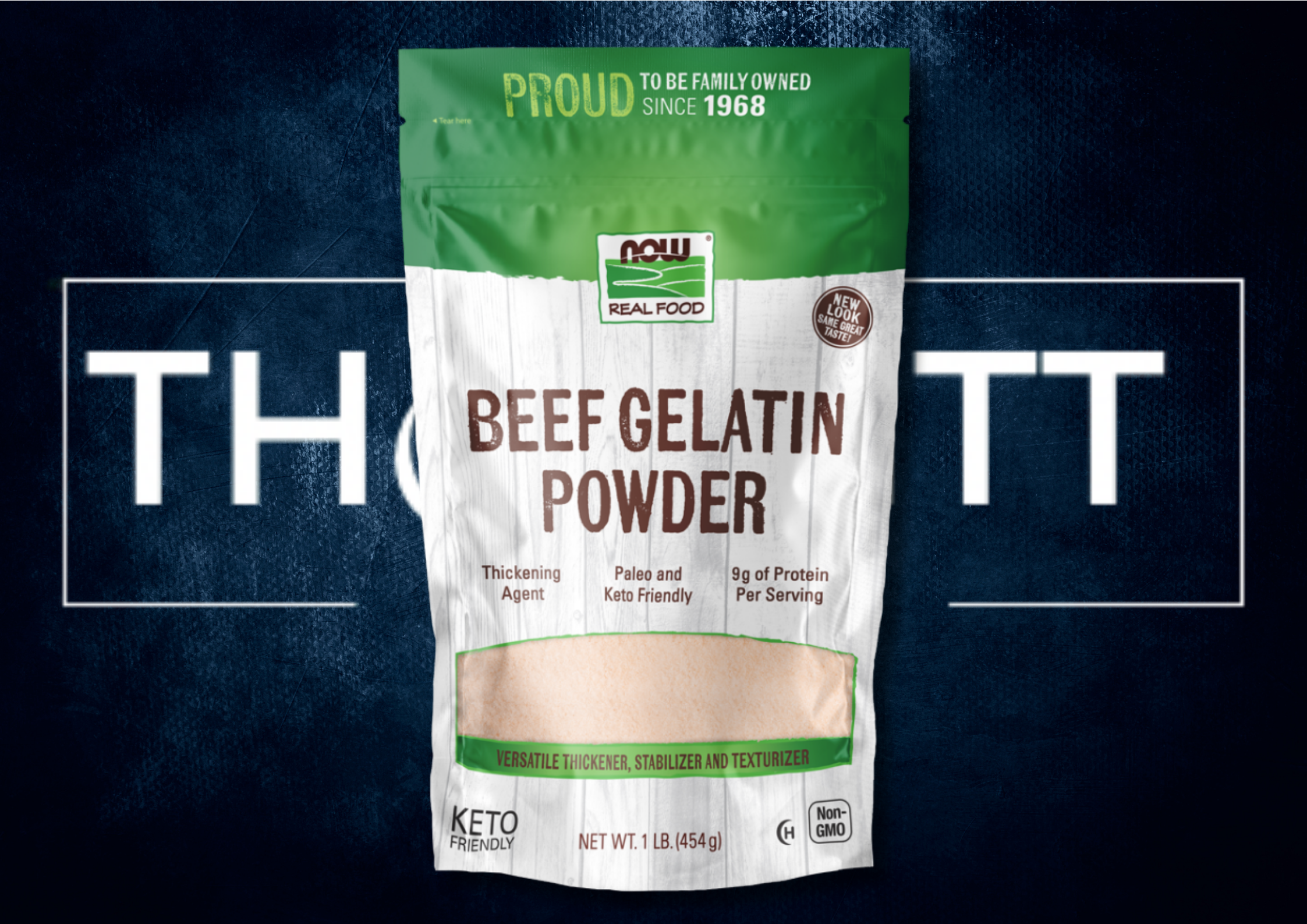 NOW Foods Beef Gelatin Powder, paleo friendly, 9g protein per serving, versatile thickening agent for recipes.