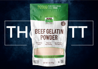 NOW Foods Beef Gelatin Powder, paleo friendly, 9g protein per serving, versatile thickening agent for recipes.