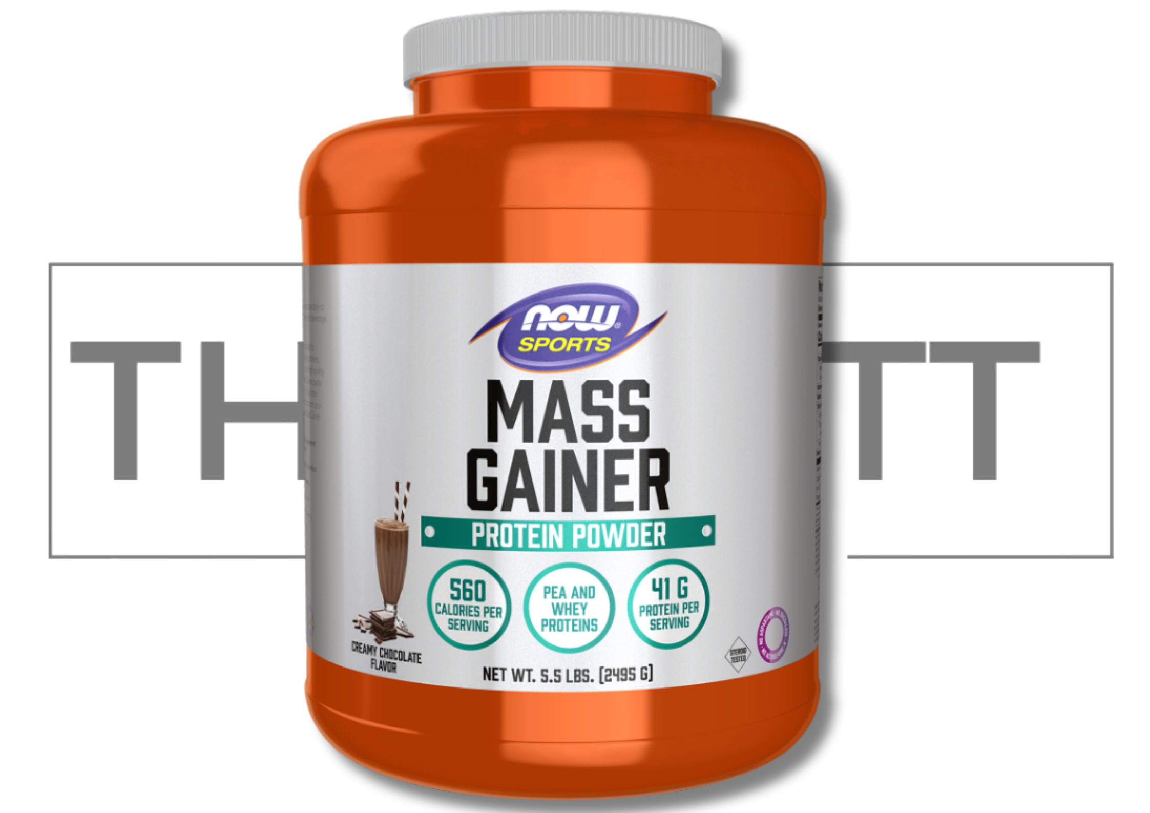 NOW Sports Mass Gainer protein powder in creamy chocolate flavor, 560 calories and 41g protein per serving.
