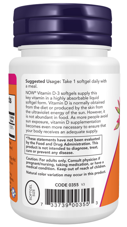 NOW Vitamin D-3 softgels bottle label, high potency, supports bone and immune health, 120 softgels.