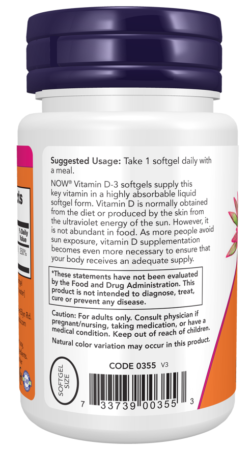 NOW Vitamin D-3 softgels bottle label, high potency, supports bone and immune health, 120 softgels.