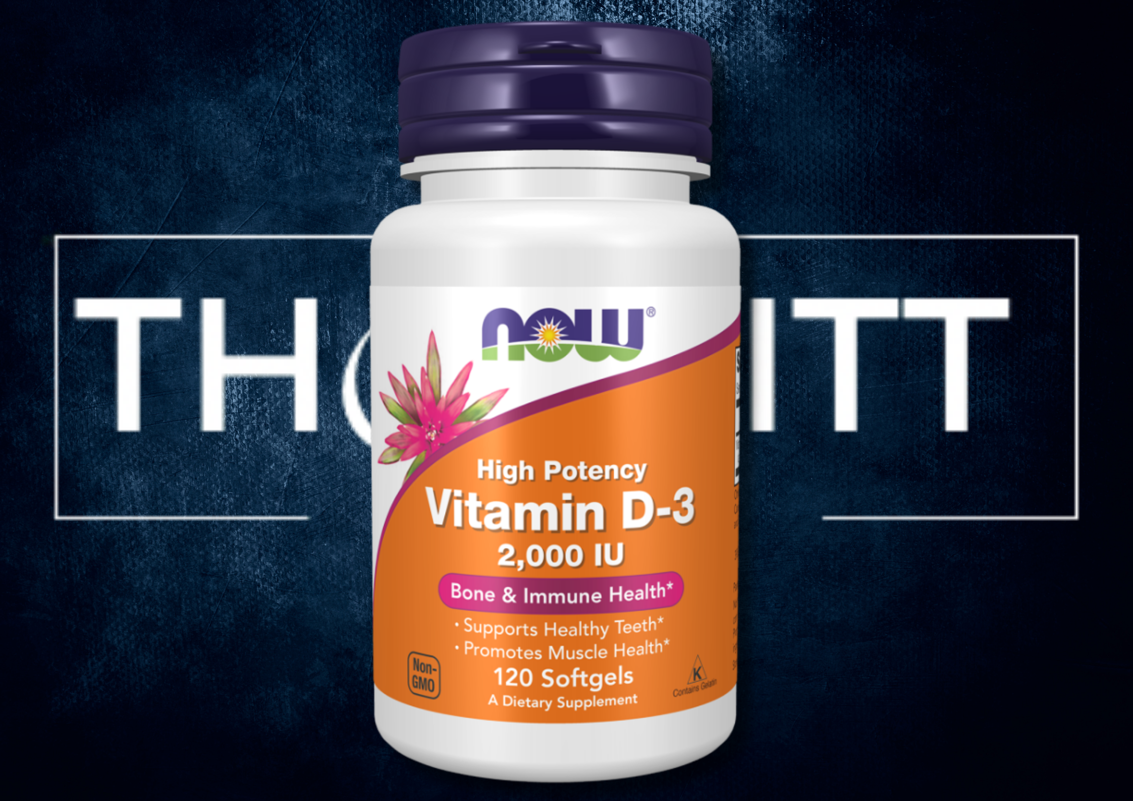 NOW Vitamin D-3 High Potency 2000 IU softgels for bone and immune health, includes 120 softgels in a dietary supplement.