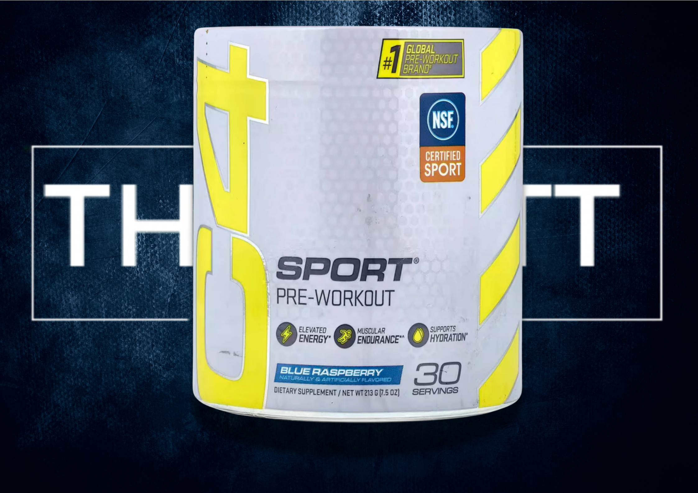 C4 Sport pre-workout supplement, NSF certified, blue raspberry flavor, boosts energy and endurance, 30 servings, dietary supplement.