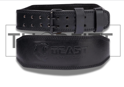 Powerlifting belt in black leather, designed for strong support and durability with adjustable prong roller buckle.