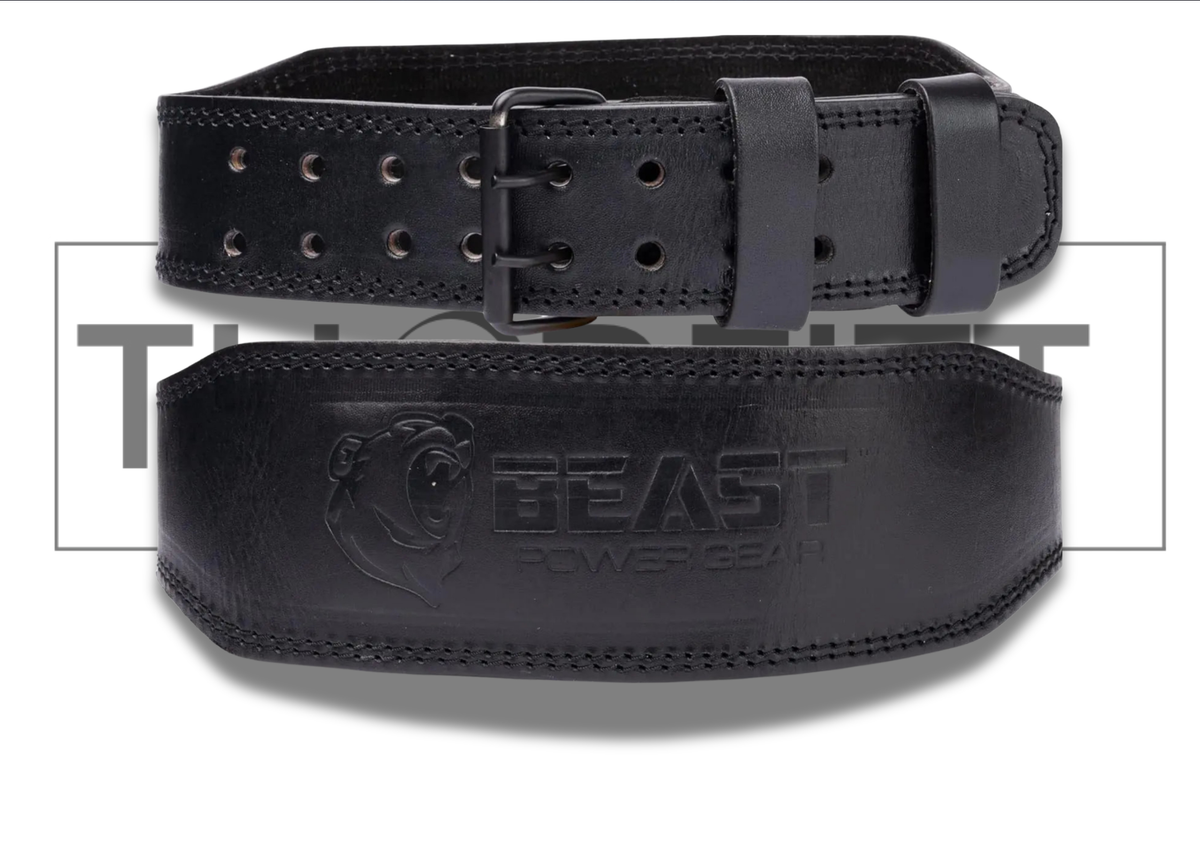 Powerlifting belt in black leather, designed for strong support and durability with adjustable prong roller buckle.