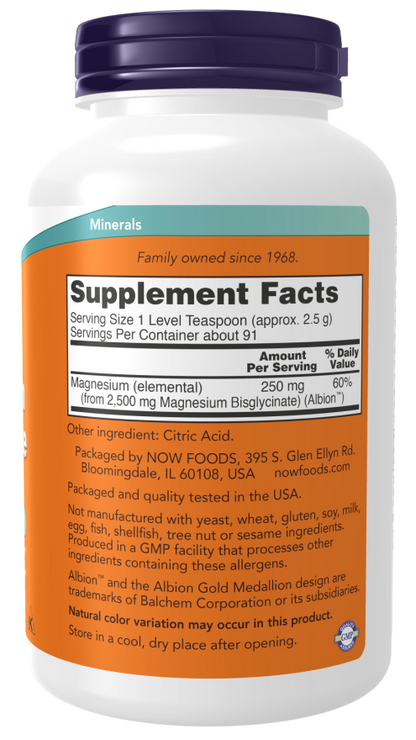 Magnesium Bisglycinate Powder 8 oz supplement facts label highlighting vitamins and dietary benefits.