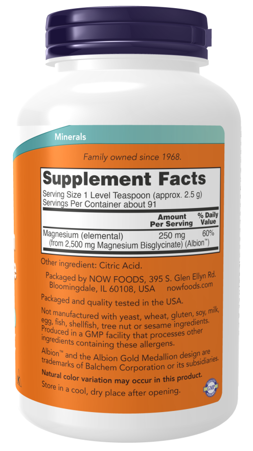 Magnesium Bisglycinate Powder 8 oz supplement facts label highlighting vitamins and dietary benefits.