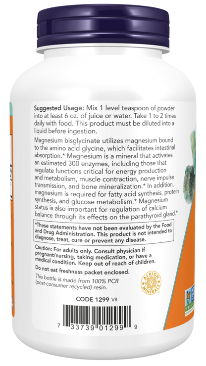 Magnesium Bisglycinate Powder supplement bottle, 8 oz, supports bone and immune health, with usage instructions on label.