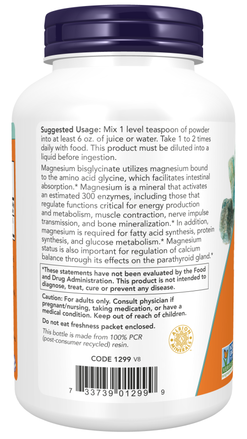Magnesium Bisglycinate Powder supplement bottle, 8 oz, supports bone and immune health, with usage instructions on label.