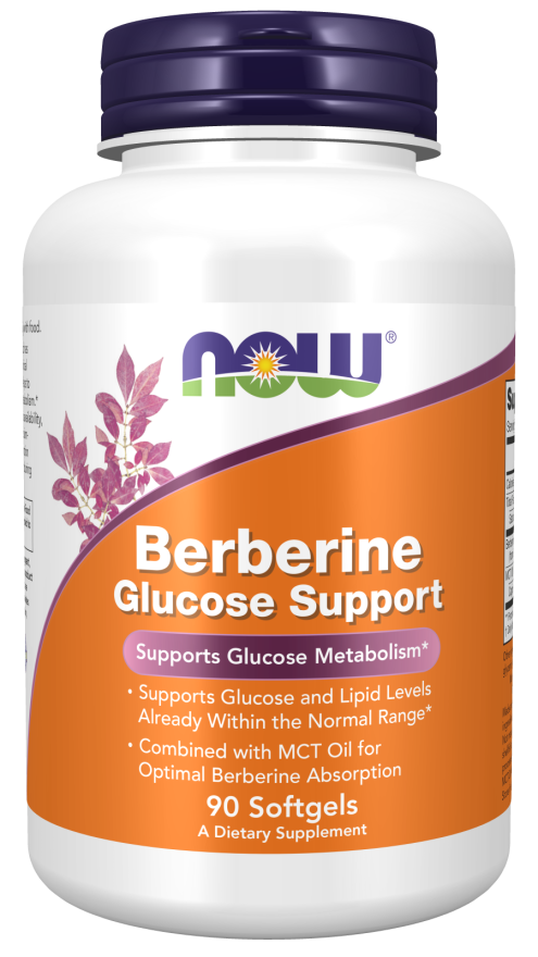 Berberine Glucose Support supplement bottle, 90 softgels for glucose metabolism and lipid support, with MCT oil.