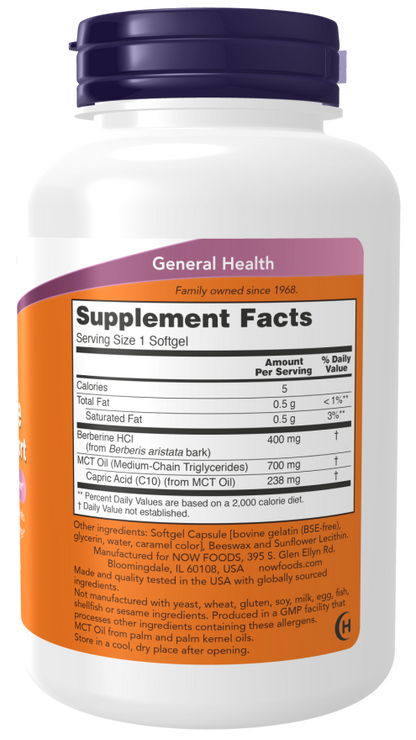 Berberine Glucose Support supplement bottle with facts for general health and family-owned quality since 1968.