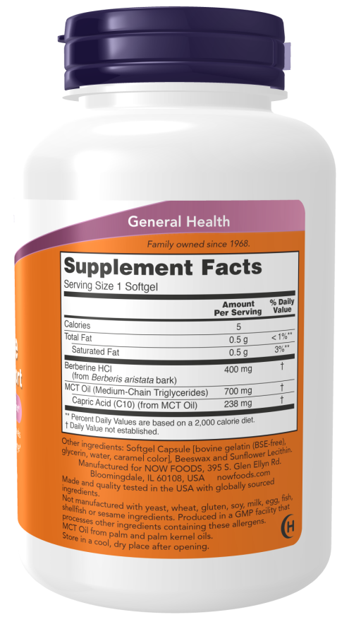 Berberine Glucose Support supplement bottle with facts for general health and family-owned quality since 1968.