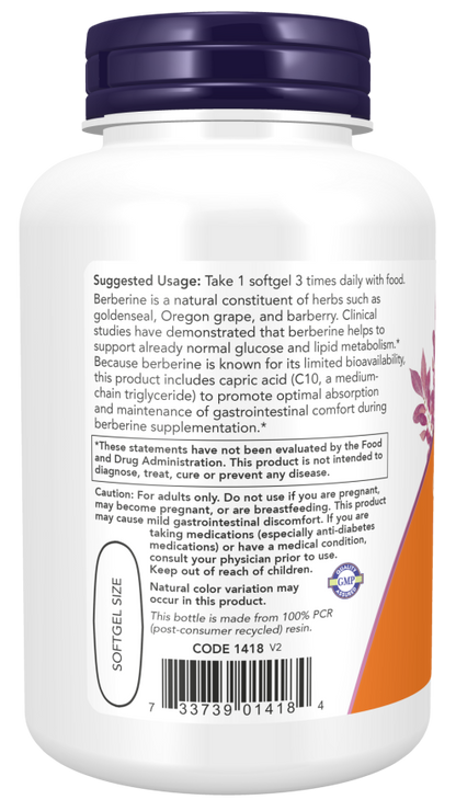 Berberine Glucose Support softgel bottle with usage instructions and nutritional information, supporting glucose metabolism.