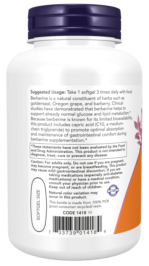 Berberine Glucose Support softgel bottle with usage instructions and nutritional information, supporting glucose metabolism.