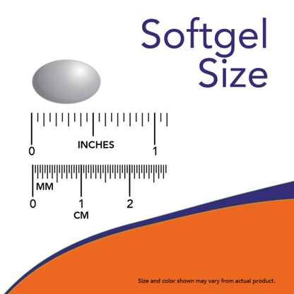 Illustrasjon av softgel-størrelse med en linjal for å vise mål i tommer og millimeter.
