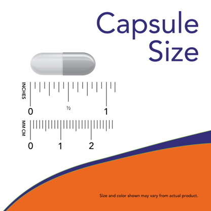 Capsule size illustration showing measurements in inches and millimeters for product clarity.