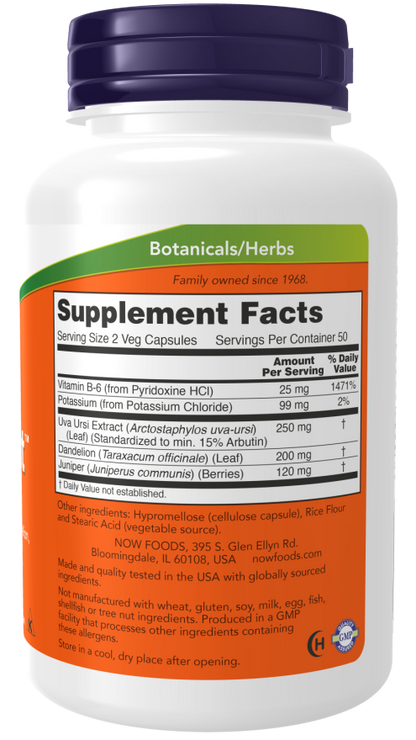 NOW Water Out supplement bottle with vitamin B-6, potassium, and herbal ingredients for fluid balance.