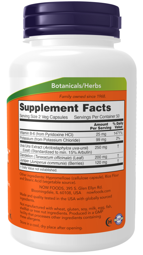 NOW Water Out supplement bottle with vitamin B-6, potassium, and herbal ingredients for fluid balance.