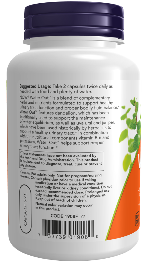 NOW Water Out supplement bottle with herbal ingredients for fluid balance and urinary health, 100 veggie capsules.