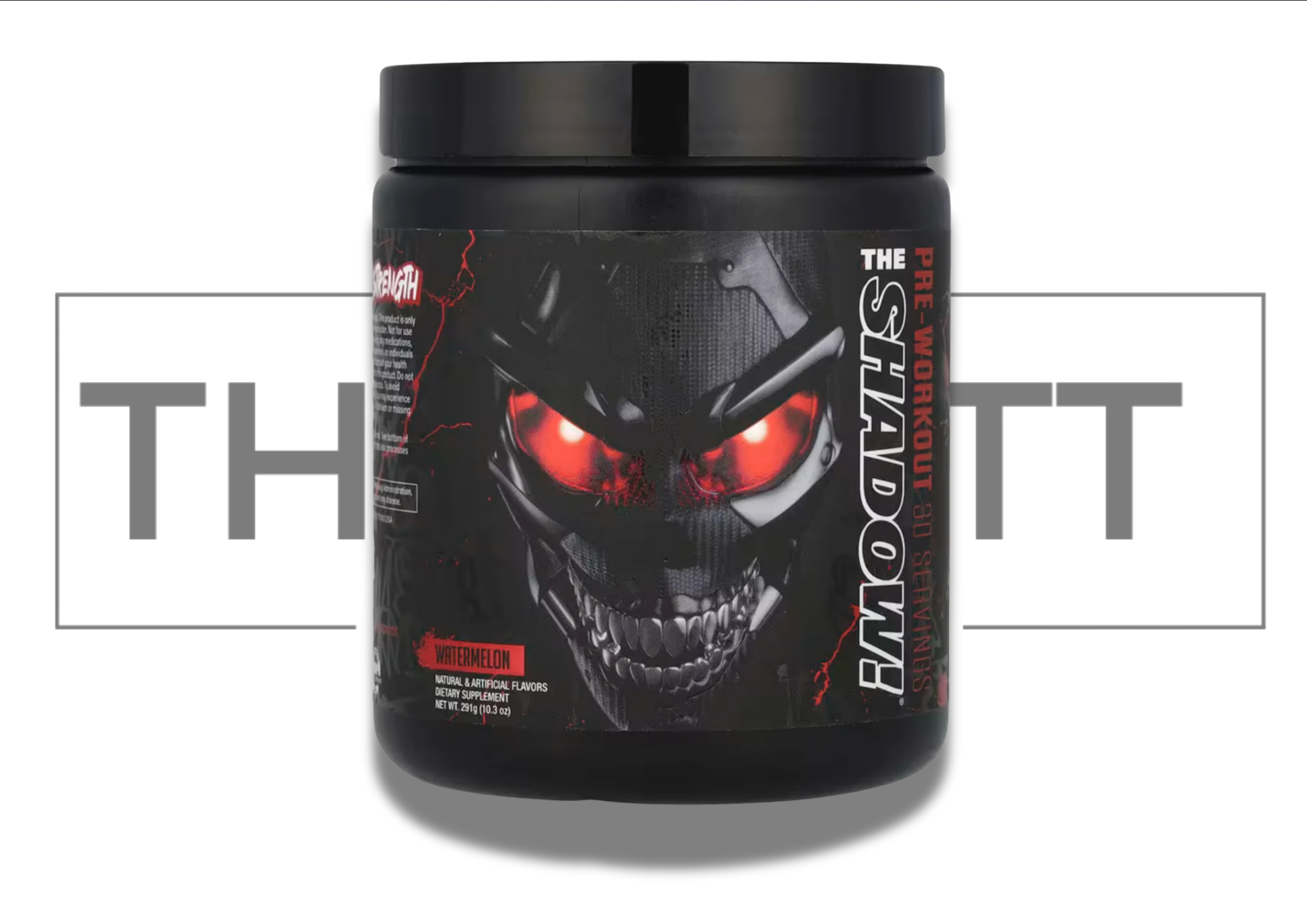 JNX Sports The Shadow!® pre-workout supplement, watermelon flavor, 10.3 oz with intense design and powerful formula.