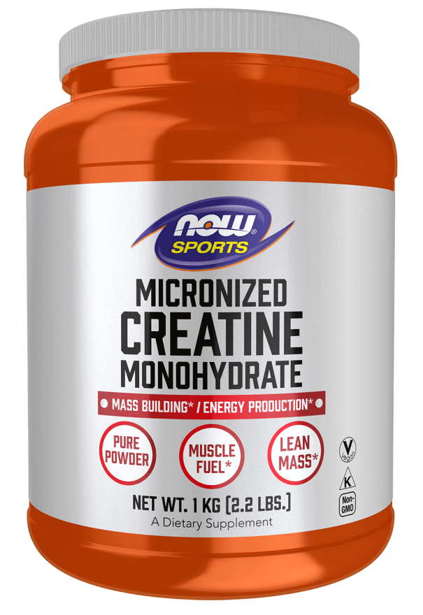 NOW Foods Micronized Creatine Monohydrate for muscle mass, energy production, vegan, kosher, non-GMO, dietary supplement.