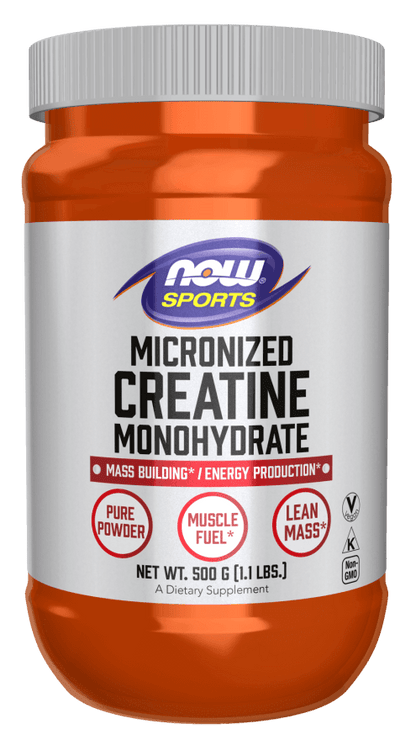 NOW Foods Micronized Creatine Monohydrate, kosttilskudd for muskelbygging og energiproduksjon, ren pulverform.