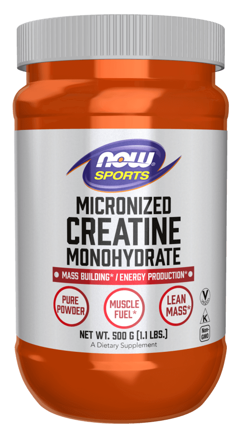 NOW Foods Micronized Creatine Monohydrate, kosttilskudd for muskelbygging og energiproduksjon, ren pulverform.