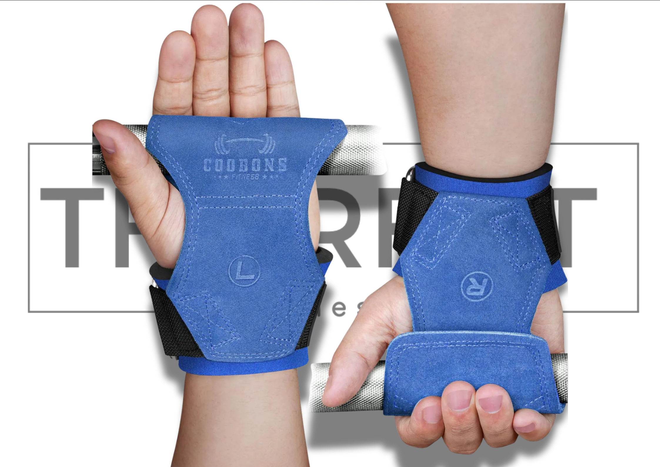 Blå løfteremmer for styrketrening med ergonomisk design og overlegen gripestabilitet.