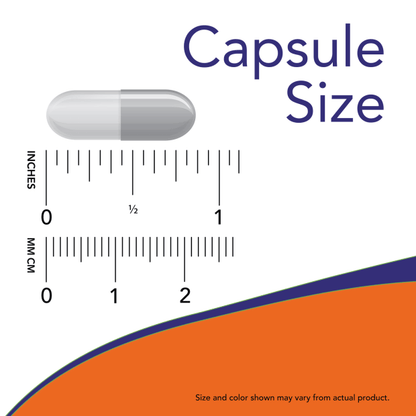 Capsule size measurement graphic showing dimensions in inches and millimeters for dietary supplement.