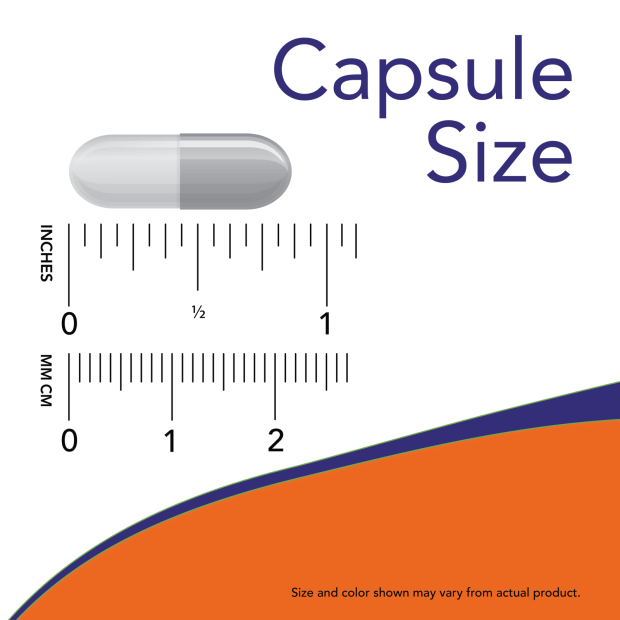 Capsule size measurement graphic showing dimensions in inches and millimeters for dietary supplement.