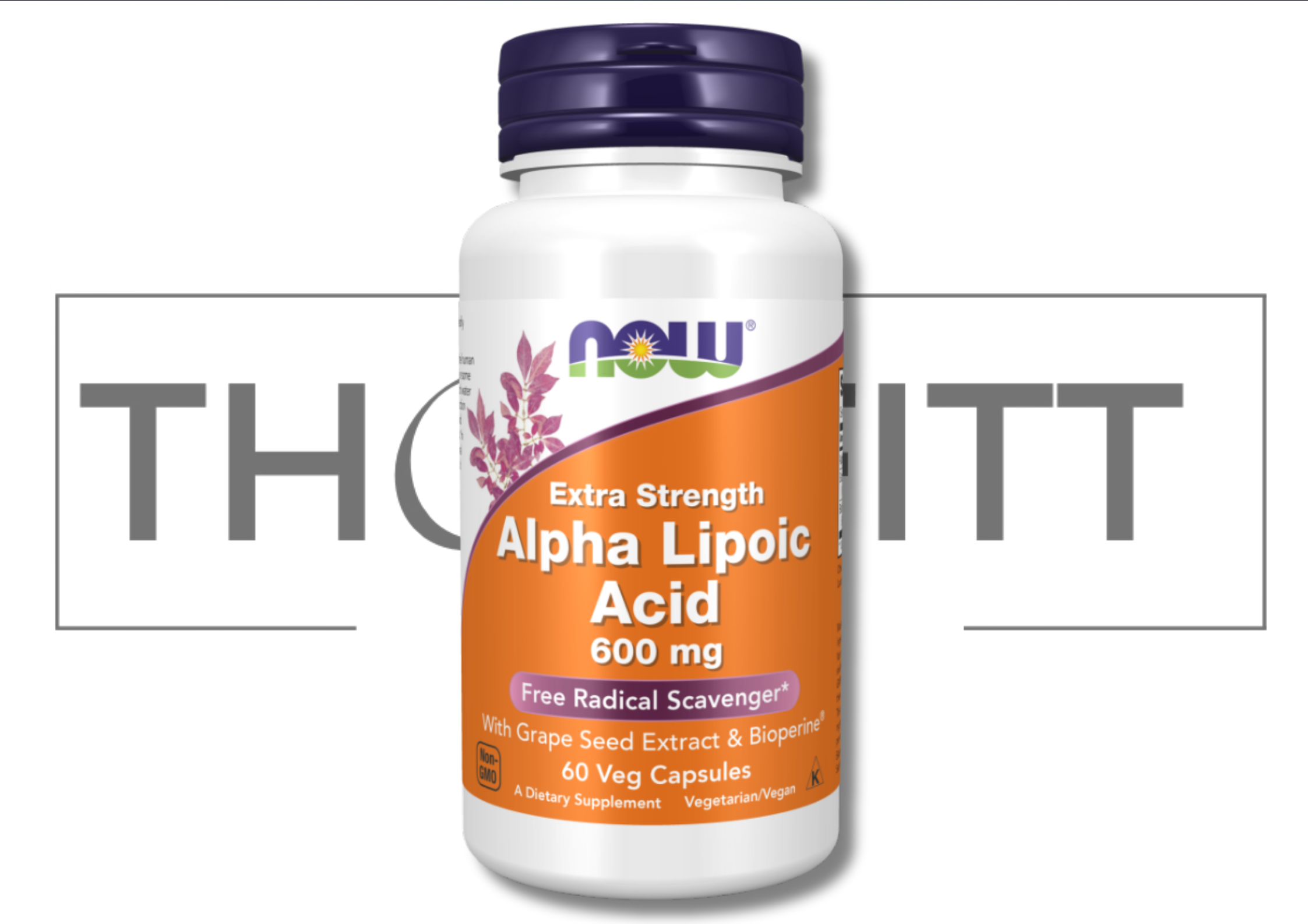 Alpha Lipoic Acid Extra Strength 600 mg in a bottle, dietary supplement with grape seed extract, 60 veg capsules.