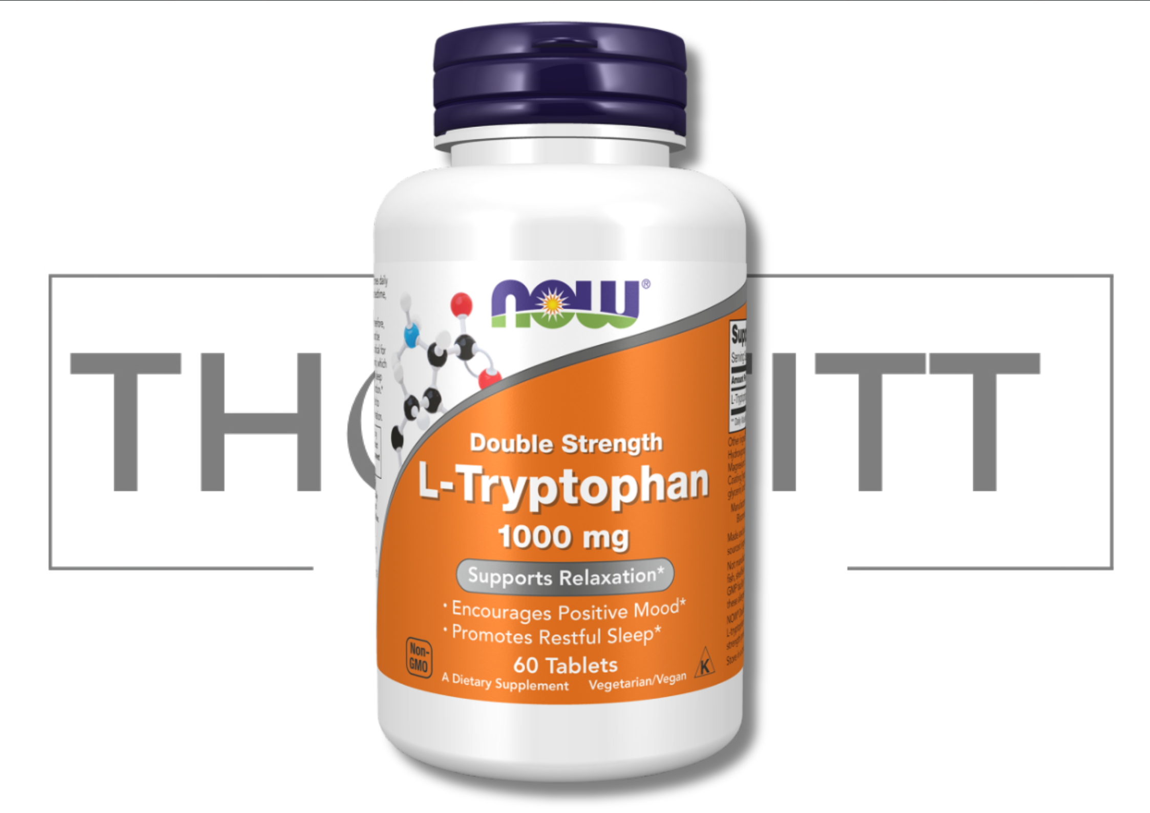 L-Tryptophan Double Strength 1000 mg supplement bottle, supports relaxation and positive mood, 60 vegetarian tablets.