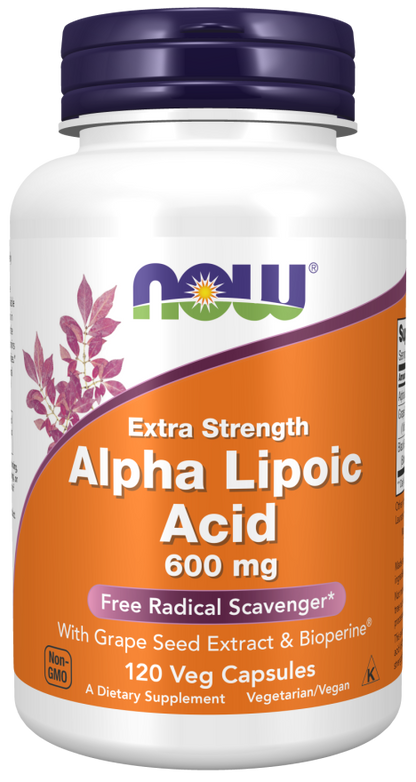 NOW Alpha Lipoic Acid Extra Strength 600 mg, 120 Veg Capsules, Non-GMO dietary supplement for general health.