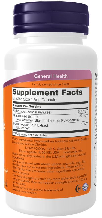 Alpha Lipoic Acid supplement facts label, 600 mg, vegetarian capsules, general health.
