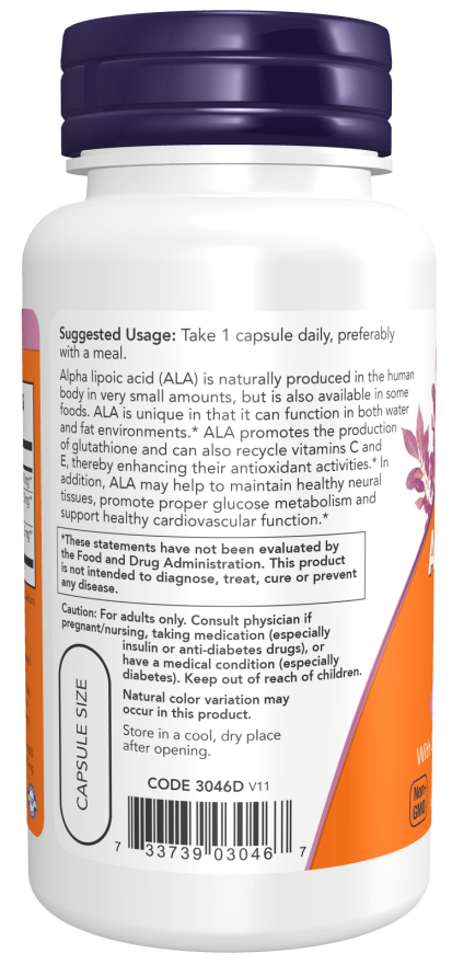 Alpha Lipoic Acid 600 mg supplement bottle with suggested usage and nutritional information.