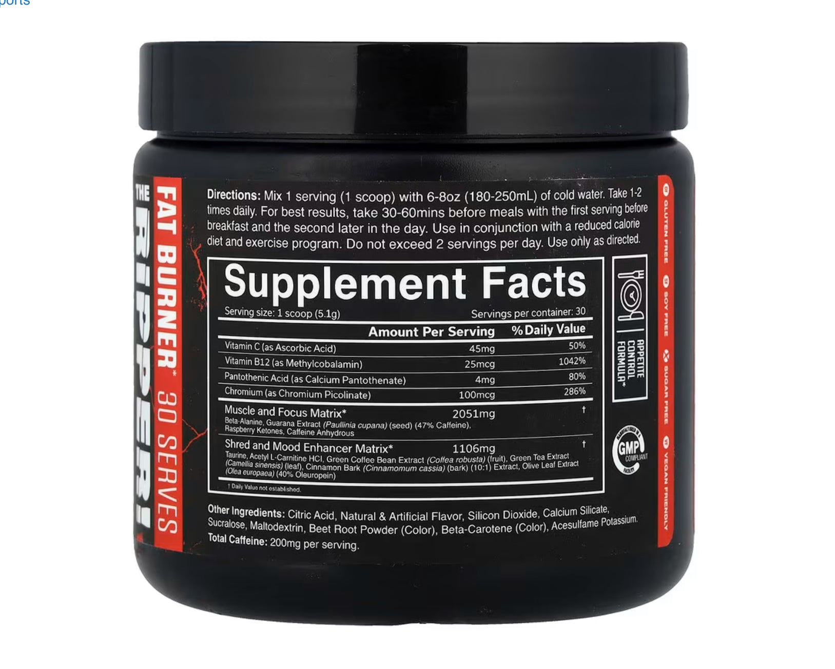 JNX Sports The Ripper fat burner supplement facts label, including vitamins and natural ingredients for energy and appetite control.