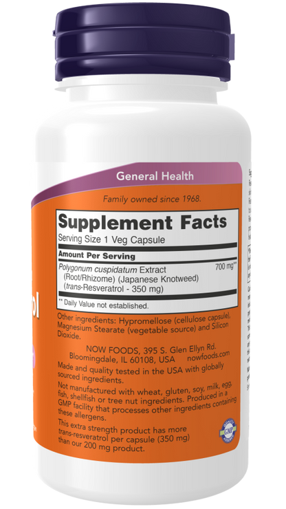 Extra Strength Resveratrol 350 mg supplement facts on a white bottle, promoting cardiovascular health and general well-being.
