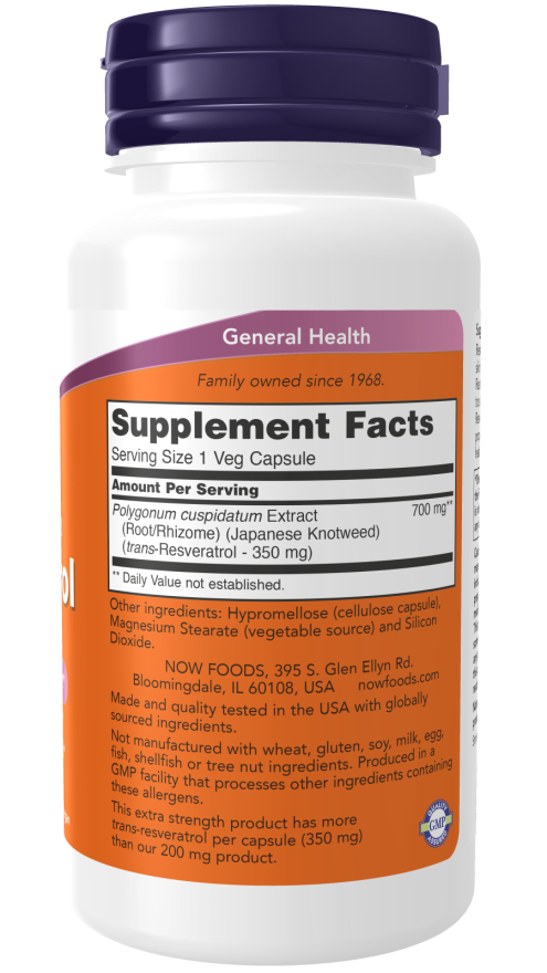 Extra Strength Resveratrol 350 mg supplement facts on a white bottle, promoting cardiovascular health and general well-being.