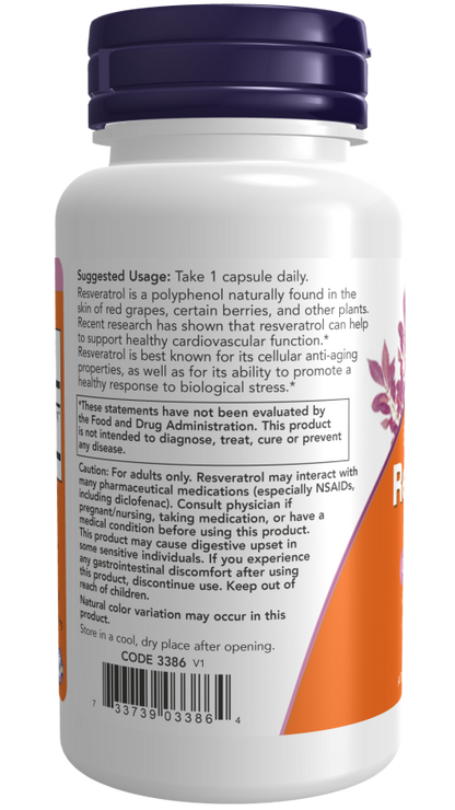 Extra Strength Resveratrol supplement bottle, 350 mg, 60 Veg Capsules for cardiovascular health support.