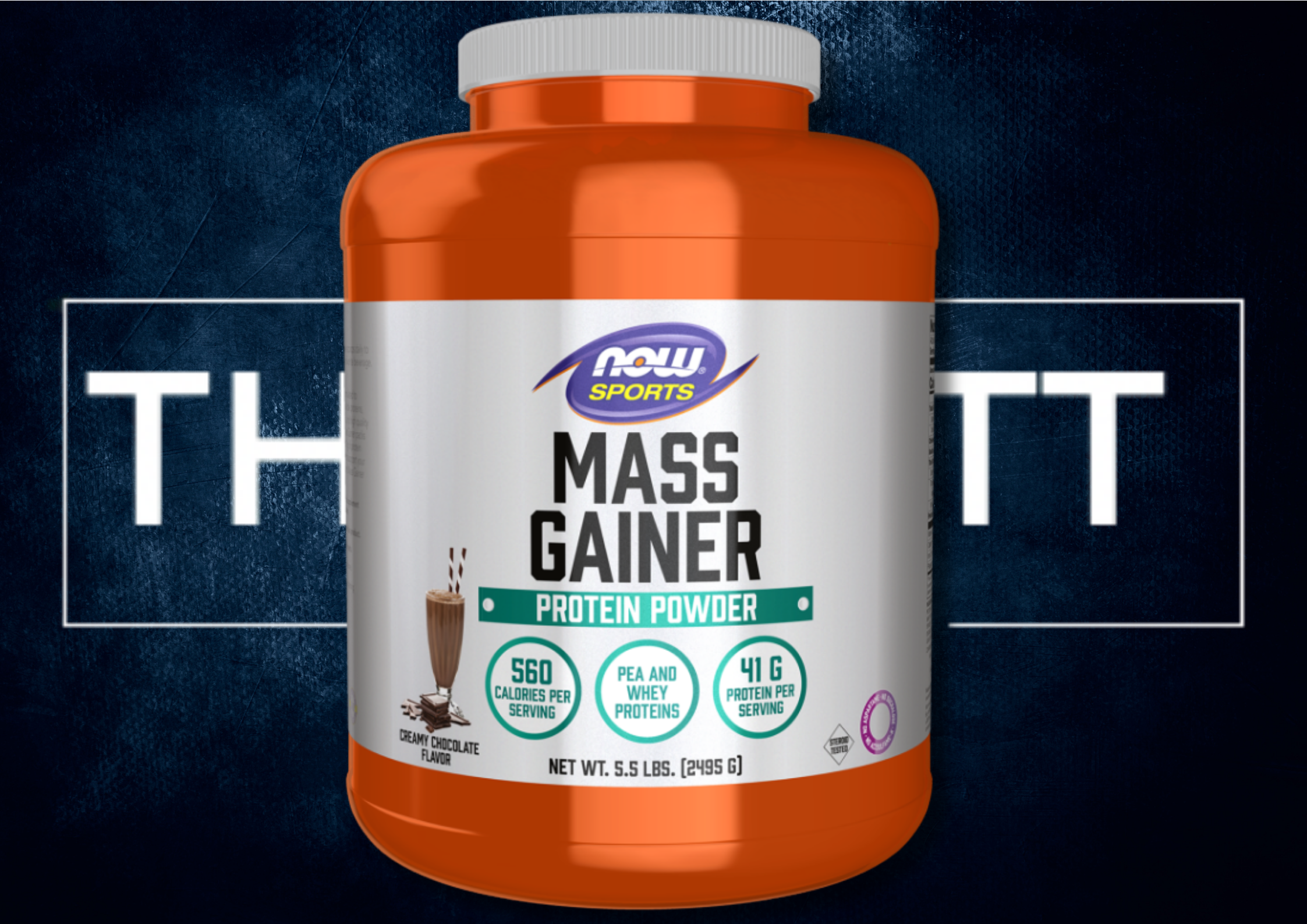 NOW® Sports Mass Gainer powder in creamy chocolate flavor, 560 calories and 41g protein for optimal muscle gain.