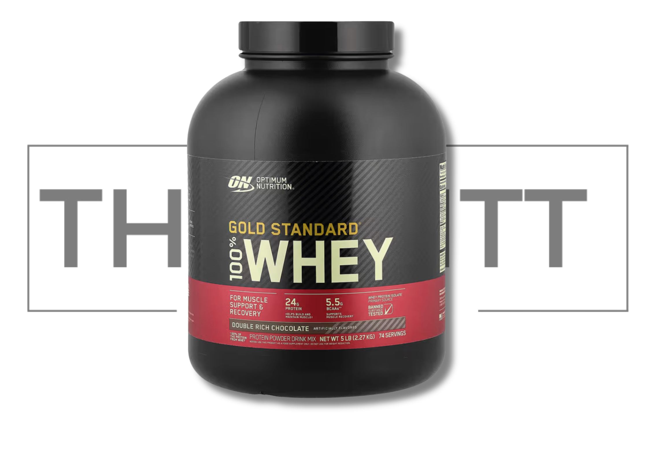 Optimum Nutrition Gold Standard 100% Whey Double Rich Chocolate protein powder, 5 lbs for muscle recovery.