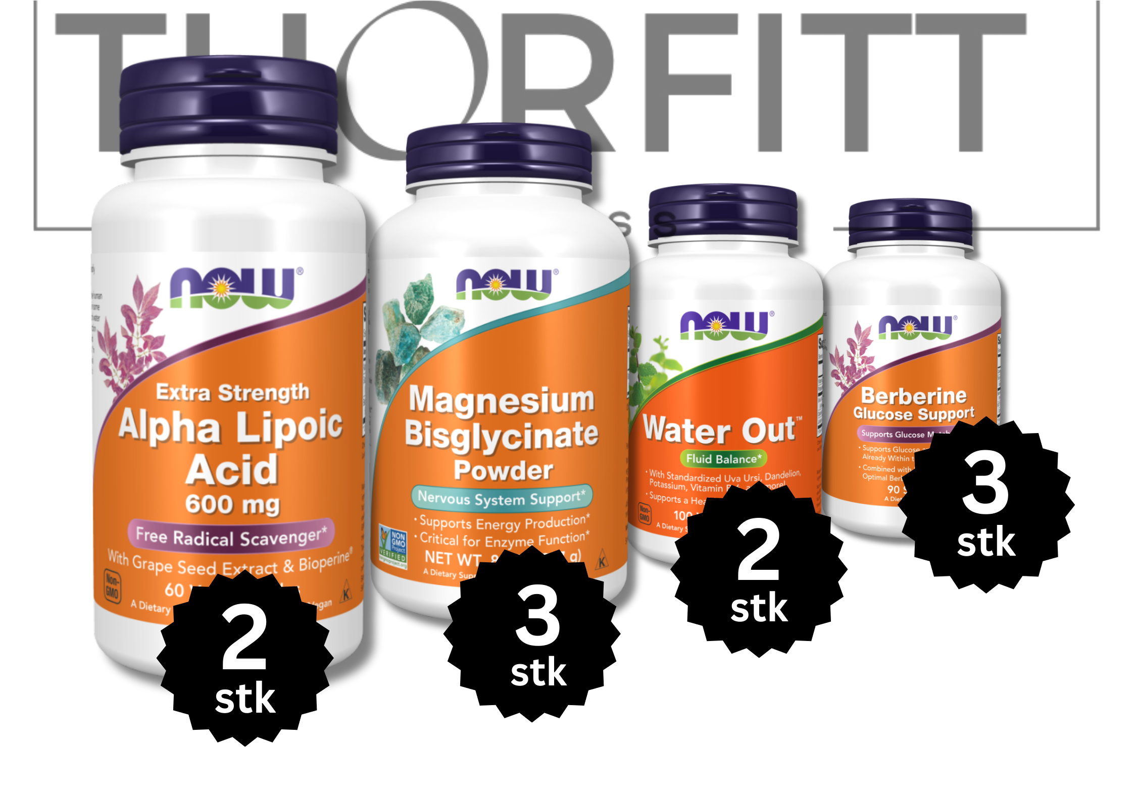 Kosttilskudd sett med Alpha Lipoic Acid, Magnesium Bisglycinate og Berberine for vekttap og energistøtte.