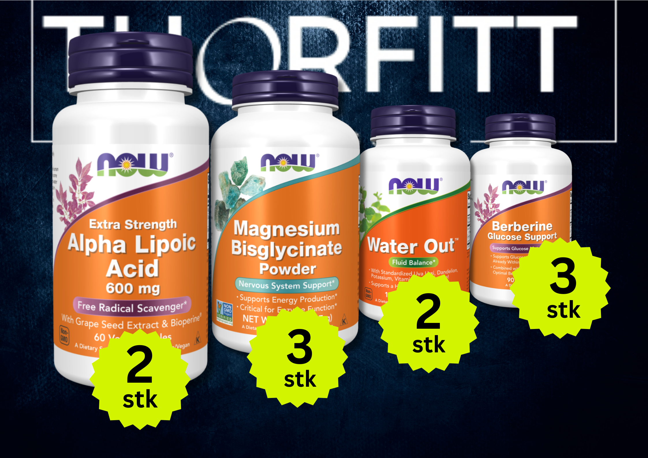Set med kosttilskudd: Alpha Lipoic Acid, Magnesium, Water Out og Berberin for vekttap og velvære.
