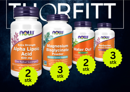 Set med kosttilskudd: Alpha Lipoic Acid, Magnesium, Water Out og Berberin for vekttap og velvære.