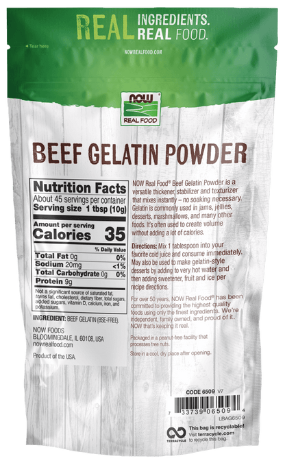 NOW Foods Beef Gelatin Powder packaging with nutritional facts, 9g protein, versatile thickener for Paleo and Keto diets.